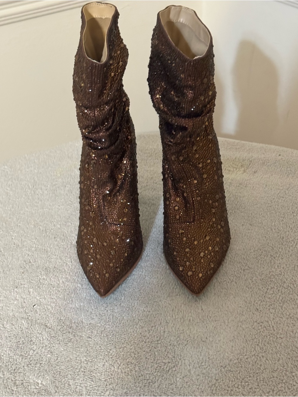 Fire Sequin-Embellished Bronze Pointed-Slip Ankle Boots